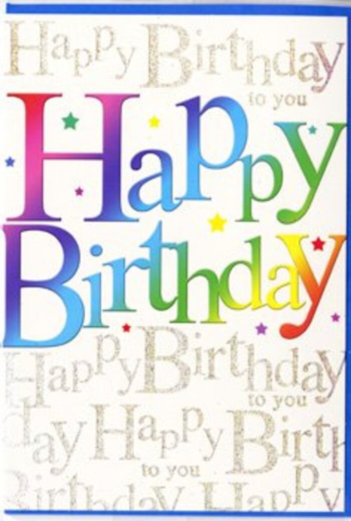 This birthday card has the cheerful presence of something you might spot on a shelf in a welcoming Merton gift shop, bright yet tastefully composed. The phrase Happy Birthday stretches across the front in large, rounded letters that seem to hover slightly above the background. Each letter is dressed in a soft rainbow gradient, transitioning smoothly from rich red through warm coral and amber, into clear yellow, grassy green, pool blue, and a touch of violet at the edges, reminiscent of colourful bunting strung above a celebration near Wimbledon Common. The colours drift into one another so gently that the eye reads a continuous flow rather than separate blocks, giving the words a sense of movement and joy. Behind this vivid main text, the background is layered with fine golden handwriting, repeating Happy Birthday to you in neat, looping script from edge to edge. The metallic ink shimmers with a restrained sparkle, not overly glittery, suggesting just a dusting of fine shimmer that catches the light like early sun on the River Wandle. Here and there, tiny stars and confetti-style dots appear between letters, scattered as if tossed in the air at the end of a birthday toast. The card stock itself appears smooth and fairly glossy, promising a pleasant, silky feel when held. Overall, the composition feels like a carefully thought-out celebration: bright enough to delight a child, yet elegant enough for an adult, and perfectly suited to accompany a fresh birthday bouquet delivered anywhere across Merton, from Colliers Wood to Raynes Park.