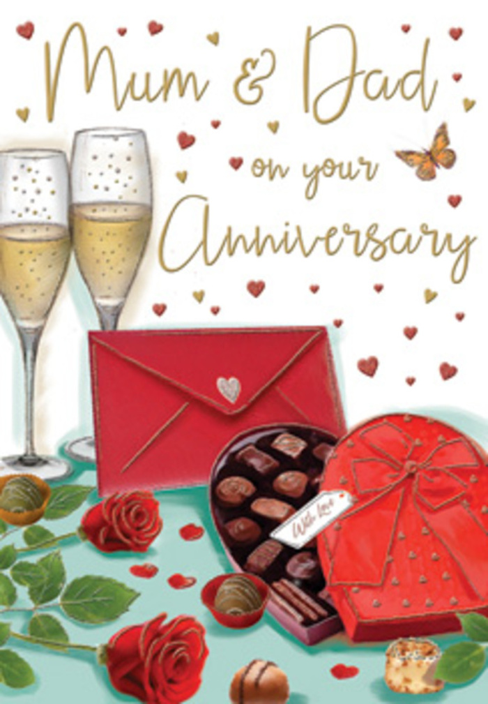 This anniversary card illustration unfolds like a carefully composed celebration still life, the sort of scene you might imagine after a family dinner in Merton. Two tall champagne flutes anchor the composition, placed close together to suggest unity, their clear glass elegantly shaped and filled with golden champagne. Fine streams of bubbles rise steadily inside each glass, catching the imagined glow of candlelight. In front of them sits a heart-shaped box of chocolates in deep red, its richly coloured surface and subtle shading hinting at a soft, almost tactile texture. A sumptuous red bow sits on top, with flowing satin ribbons curling across the lid to add a sense of occasion. The box is open, revealing a neatly ordered selection of chocolates nestled inside, each drawn in warm, chocolaty tones, with several pieces scattered invitingly nearby, as though they have just been shared. To one side, two full-bodied red roses rest elegantly on the table, their petals layered and velvety, resembling the freshest blooms hand-picked by a local florist in Merton, their vibrant red softened by the surrounding green foliage. Across the background, small hearts in gold and crimson drift gently around beautifully scripted words dedicated to Mum & Dad, lending the card an intimate, family-centred charm. A bright scarlet envelope lies off to the side, perfectly sealed and carefully angled, suggesting the presence of a handwritten note like those often tucked into anniversary arrangements delivered around Merton, from Wimbledon Chase to Mitcham. The warm hues, romantic lighting, and thoughtful placement of every element together convey a sense of comfort, shared history, and the simple luxury of savouring love, laughter, and sweet treats together.