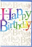 Propped as if waiting beside a bouquet ready for delivery in Merton, this birthday card radiates easy, colourful happiness. The central Happy Birthday message is written in big, soft-edged letters that sweep across the design, each one filled with a gradient of colour that travels smoothly from crimson through orange and gold, into zesty green, turquoise, and royal blue, finally tipping into a gentle violet. The overall effect is that of a small rainbow arcing across the card, reminiscent of bright party decorations in a home near South Wimbledon. The colours feel rich but not harsh, blending so gracefully that they seem to glow from within. Behind this bold, multicoloured text, the background is entirely covered with fine golden script, the words Happy Birthday to you looping repeatedly in elegant cursive lines. The gold has a subtle, refined glimmer, more like a soft metallic sheen than chunky glitter, so the surface would feel mostly smooth beneath a passing hand. Tiny stars and confetti-style dots appear around the central lettering, adding hints of sparkle and movement, as if capturing the moment when someone laughs and tosses confetti at a birthday gathering. The card stock looks sturdy, with a gentle gloss that enhances the colours without overpowering them. Together, the rainbow headline and the quiet golden chorus behind it create a design that feels joyful, warm, and sincere-the kind of card that pairs beautifully with a vibrant Merton birthday arrangement to make any celebration feel that little bit more special.