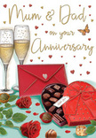 The illustrated anniversary card portrays a warm and inviting celebration scene that feels rooted in the everyday romance of family life in Merton. At the centre, two slender champagne flutes stand in close companionship, their stems parallel, bowls filled with golden champagne that sparkles with tiny, ascending bubbles. The glasses reflect a soft, ambient light, suggesting an evening toast shared in a quiet, familiar home. Just below, a heart-shaped box of chocolates in a deep, romantic red acts as the focal gift, its lid adorned with an extravagant red bow whose satin sheen is picked out with delicate highlights. The box is open, revealing rows of carefully drawn chocolates, each one distinct in shape and shade, while a few stray pieces rest on the tabletop like small, shared indulgences. To one side, two richly coloured red roses lie gently, their velvety petals layered and almost touchable, framed by fresh green leaves that add life and depth, much like a bouquet crafted by Florist Merton for a local anniversary delivery. Tiny hearts in shimmering gold and crimson float across the background, embracing hand-lettered words addressed to Mum & Dad, underscoring the idea that this card is meant to honour parents and the longevity of their bond. A bright scarlet envelope, sealed and slightly angled, hints at a handwritten message tucked within, much like the personal notes customers add to flower orders sent throughout Merton, from Wimbledon to St Helier. The overall mood is cosy, affectionate, and gently festive, celebrating not only the occasion itself but the years of shared memories that make an anniversary so meaningful.